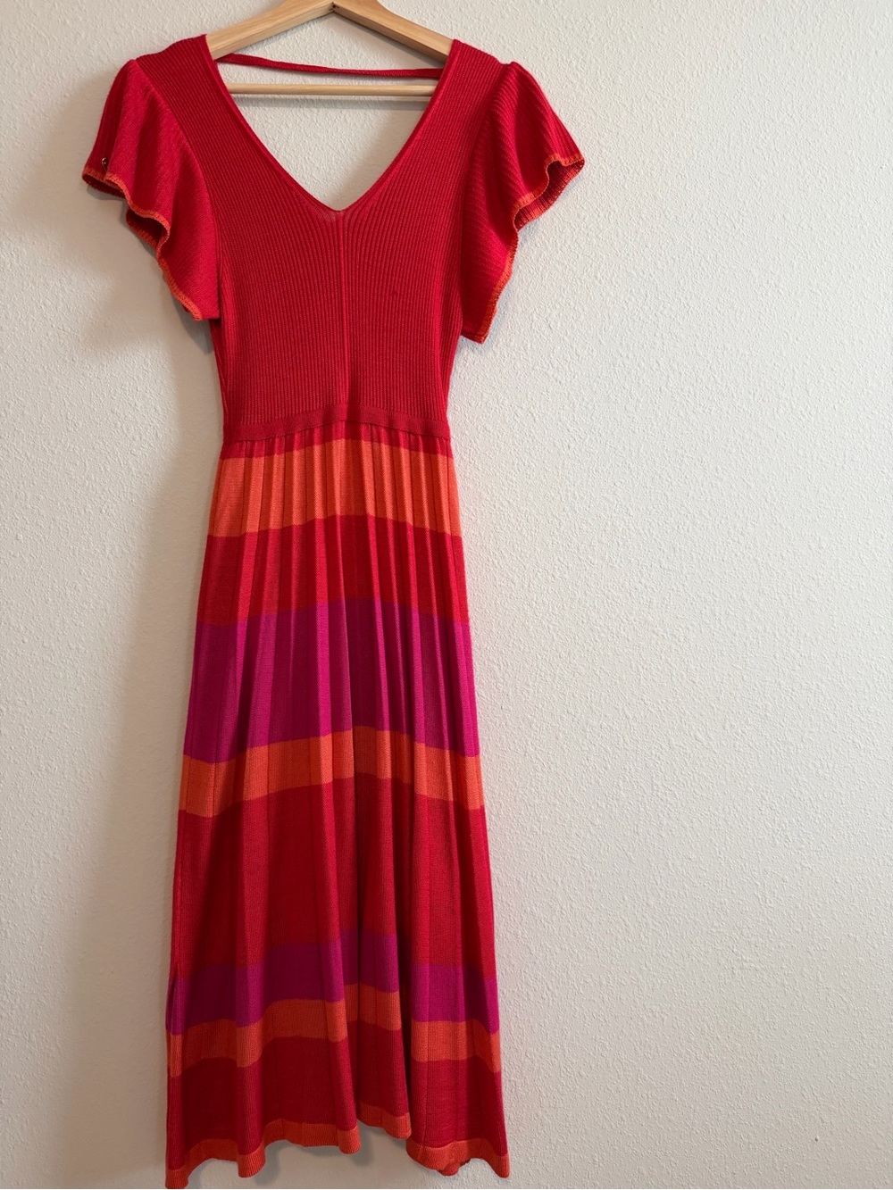Red & Pink Striped V-Neck Maxi Dress with Flutter Sleeves